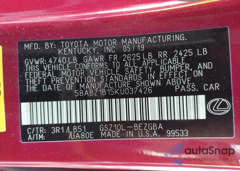 2019 Lexus Es 350 Luxury z USA, uszkodzony, nr VIN 58ABZ1B15KU037426